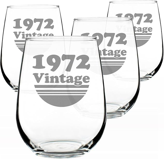 Bevvee Vintage 1972 Stemless Wine Glass - 54th Birthday Gifts for Women & Men Turning 54 - Bday Party Decor - Set of 4 - Large 17 oz