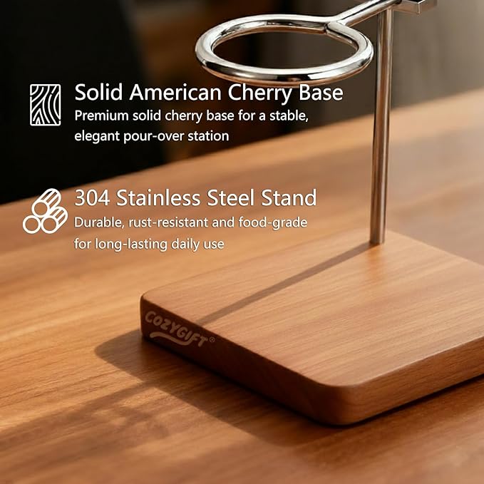 Pour Over Coffee Stand with Solid Cherry Base, Adjustable Coffee Dripper Stand, Wooden Brewing Station, Cone Holder, Elegant Gift for Brew Enthusiasts, Home Barista & Kitchen Décor