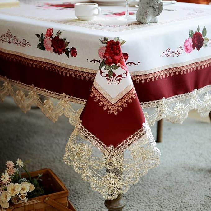 SUTAVIA Lace Embroidered Table Cloth,Rectangular Farmhouse TableCover,Classic Oblong Antique Flower Decor Macrame Tablecloth (Burgundy, Rectangle/Oblong,60 x 104 Inch,8-10 Seats)