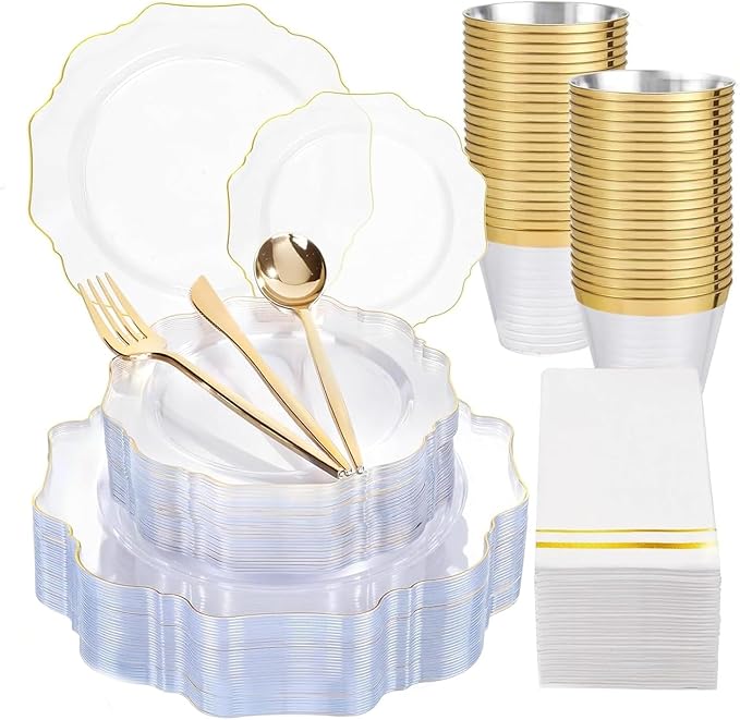 WDF 350Pcs Clear and Gold Plastic Plates - Heavy Duty Clear Plates Disposable - Gold Dinnerware Sets of 100 Plastic Plate 150Silverware 50 Cups 50 Napkins for Wedding/Party/Valentine's Day