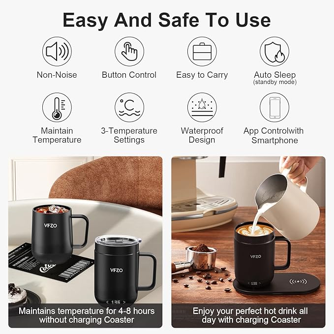 16Oz Temperature Control Smart Mug, Self Heating Coffee Mug LED Display, 180 Min Battery Life - Hot up to 149℉ Fast Wireless Charger Base Improved Design(16oz, Coffee)