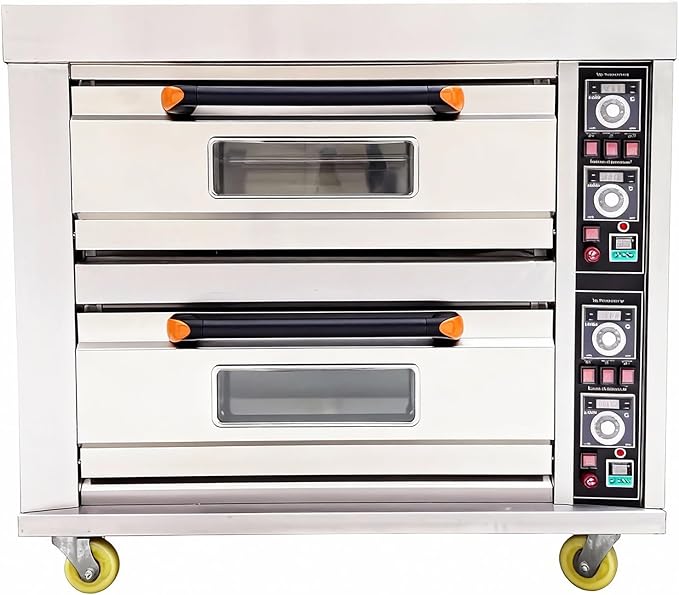 13.2KW Commercial Double Deck Oven Movable Stainless Steel Pizza Oven 20℃-400℃(68℉-752℉) Independent Temperature Control with 4 Baking Sheets For Commercial Baking 220V/3PH