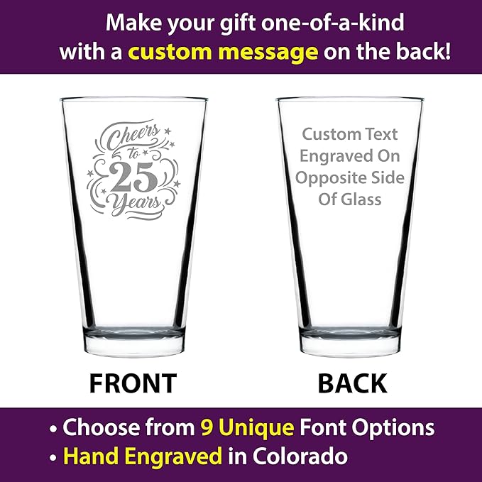 Custom Cheers to 25 Years - Pint Glass for Beer - Gifts for Women & Men - 25th Anniversary Party Decor - 16 Oz Glasses