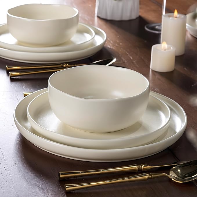 AmorArc Ceramic Dinnerware Sets, Wavy Rim Stoneware Plates and Bowls Sets,Dishwasher & Microwave & Oven Safe Dishes set, Service for 4 (12pc)