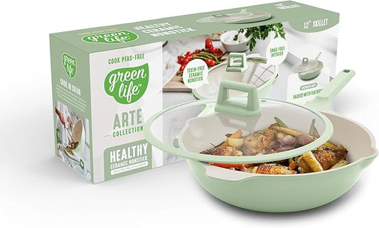GreenLife Nonstick 12” (5QT) All in One Deep Skillet Wok with Lid, PFAS-Free Non-Toxic Ceramic Multi-Purpose Pan, Induction, All Stovetop, Egg, Stir Fry, Saute, Stay Cool Handle, Sage Green