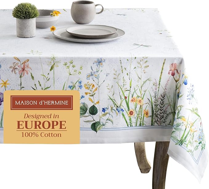 Maison d' Hermine Table Cloth Rectangle Table 100% Cotton 54 x 72 Inches Tablecloth Reusable Decorative for Dining Room Farmhouse Home Valentines Day Decorations Spring Summer - Fleurs De Mai