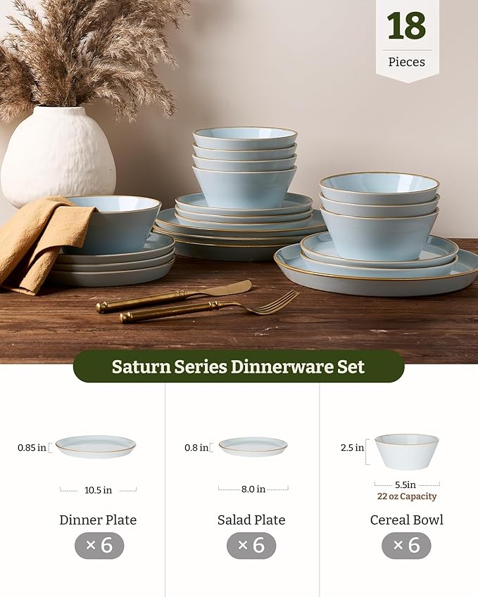 Famiware Saturn Plates and Bowls Dish Sets for 6 (18 Pieces), Stoneware Dinnerware Set with Hand-Painted Trim - Chip & Scratch Resistant, Microwave & Dishwasher Safe Ceramic Dishes, Light Blue