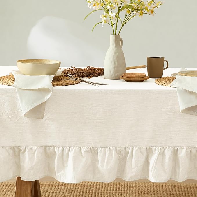 MONDAY MOOSE Ruffle Farmhouse Rustic Rectangle Natural Stonewashed Cotton Tablecloth for Kitchen, Dining Room, Restaurant (60x120 inch, White)