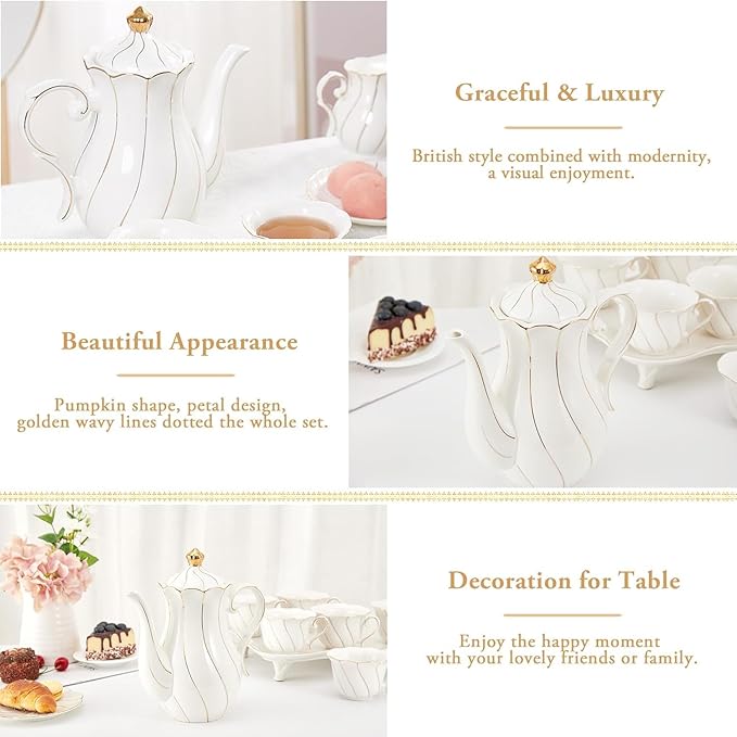 DUJUST British Style Porcelain Teapot (40oz), Luxury Ceramic Teapot with Golden Trim, Food Grade Tea Pot with Built-in Filter, for Tea Party & Home Décor - White