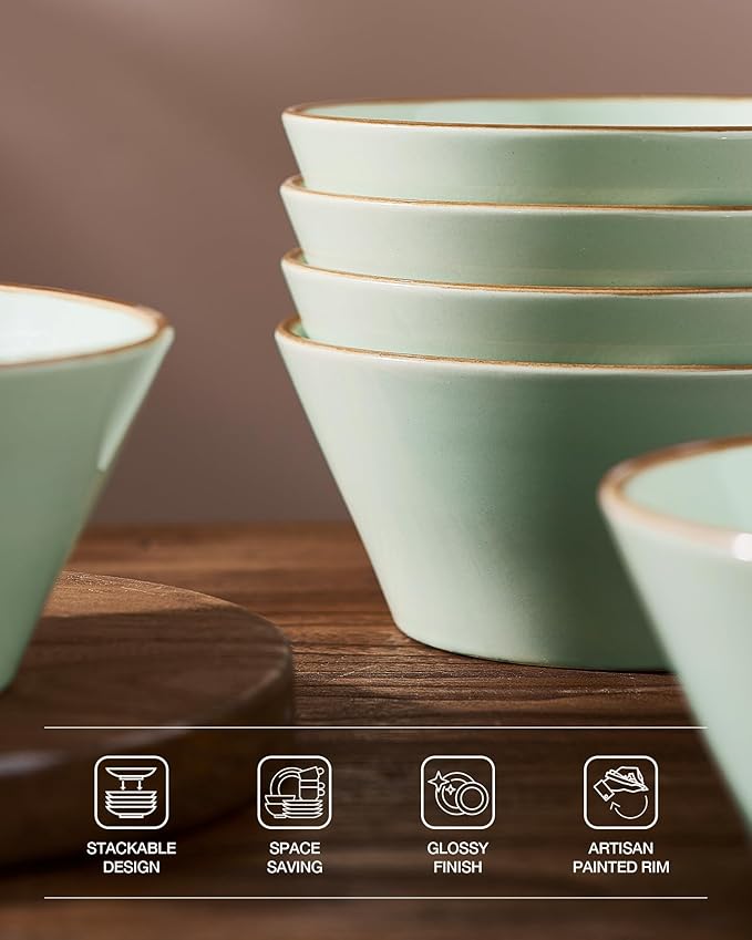 Famiware Saturn Stoneware Dinnerware Sets for 8 (24 Pieces), Ceramic Plates and Bowls Dish Sets with Hand-Painted Trim - Chip & Scratch Resistant, Microwave & Dishwasher Safe Tableware, Light Green