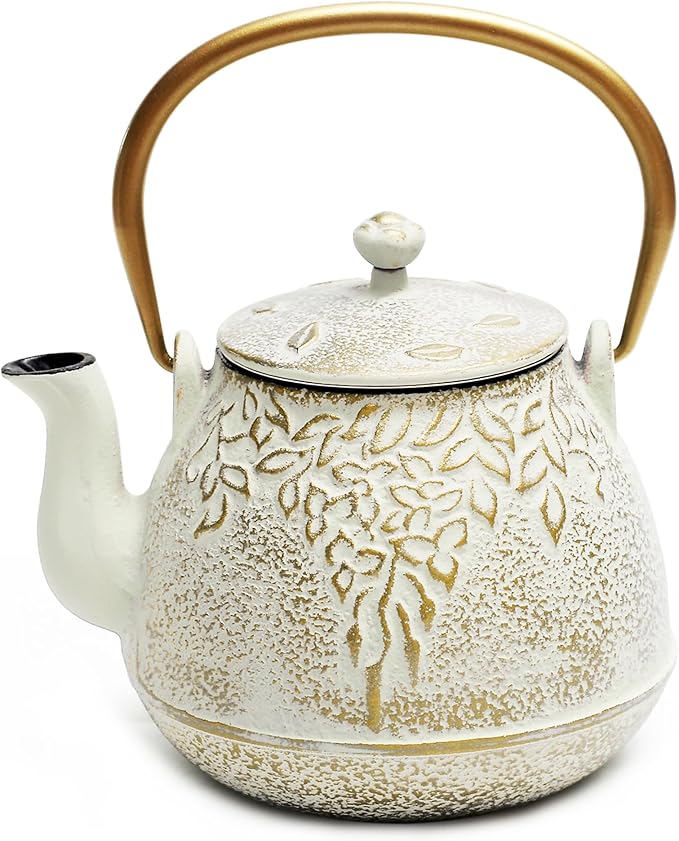 Toptier Cast Iron Tea Kettle, Stovetop Safe Japanese Cast Iron Teapot with Infuser, Leaf Design Tea Kettle for Stove Top Coated with Enameled Interior for 32 Ounce (950 ml), Creamy White