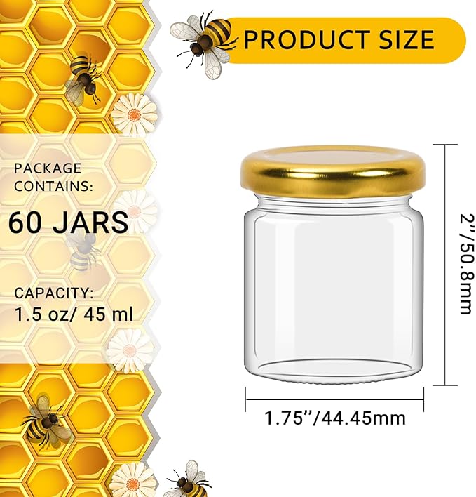 Betrome 1.5 oz Mini Glass Honey Jars, 60 Pack 45ml Clear Canning Jars Jam Jars with Gold Lids, Wood Dipper, Bee Pendants,Twine String,Bee Stickers &Tags -Perfect for Baby Shower,Wedding Party Favors.