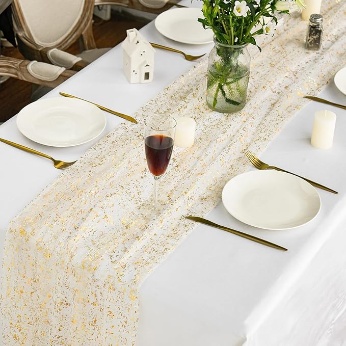 Artoid Mode Beige Gold Gauze Table Runner 120 Inch 10Pcs, Glitter Metallic Foil Sheer Dining Wedding Anniversary Holiday Birthday Table Decor for Home Party