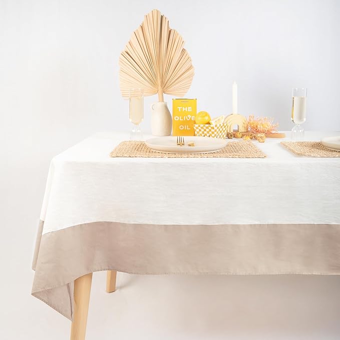 MONDAY MOOSE Farmhouse Rustic Picnic Style Decoration Rectangle Natural Stonewashed Cotton Tablecloth for Kitchen, Dining Room, Restaurant (60x86 inch, White/Beige)