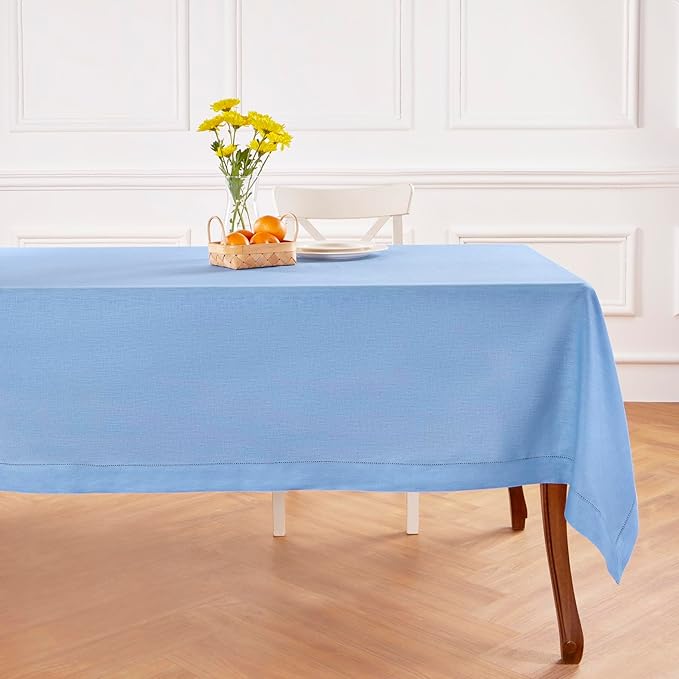 Solino Home Cornflower Blue Linen Tablecloth 60 x 144 Inch - 100% Pure Linen Hemstitch Table Cloth for Rectangle Tables - Classic Hemstitch, Machine Washable Tablecloth for Winter, Spring, Easter