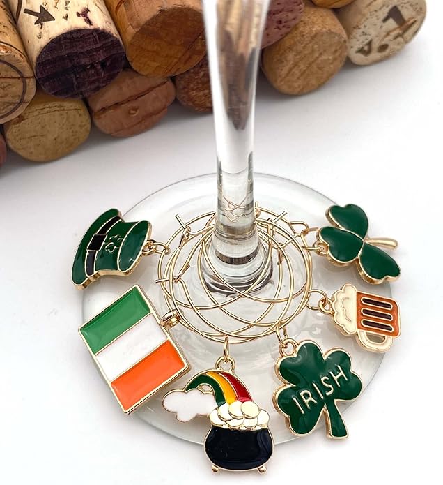 Serendipity Irish Wine Glass Charms, Irish Glass Markers, St Patricks Day Decoration, Set of 6 Charms: Ireland Flag, Leprechaun Hat, Shamrock, Beer Mug, and Pot of Gold