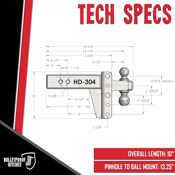 BulletProof Hitches - 3.0" Adjustable Heavy Duty Trailer Hitch (22,000 lb. Rating) - 4" Drop/Rise Trailer Hitch with 2" & 2-5/16" Dual Ball - Powder Coat, Solid Steel, Corrosion-Resistant