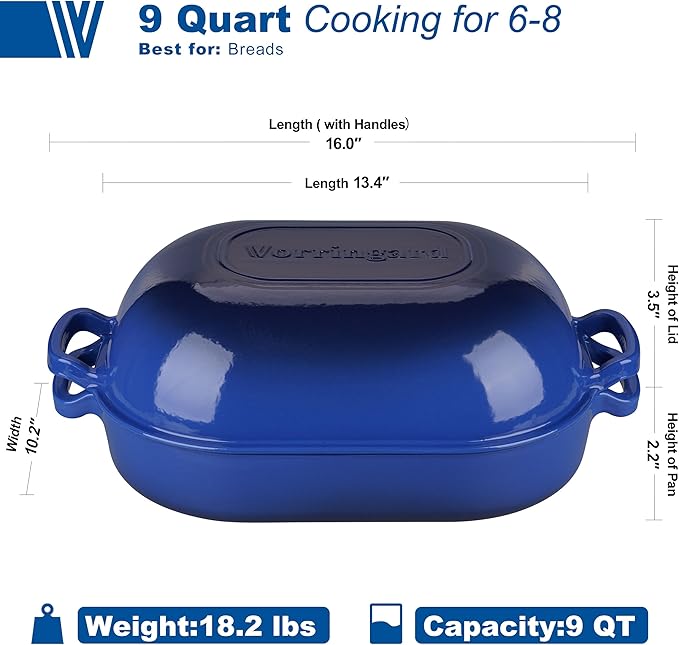 Large Cast Iron Dutch Oven Dome Pot with Lid, Enameled Bread Oven, Bread Pan for Homemade Sourdough Bread Baking, 9QT, Blue