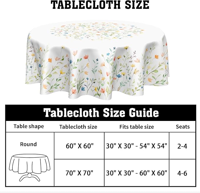 Spring Watercolor Floral Round Tablecloth 70 Inch Summer Wild Flower Polyester Table Cloth Easter Rustic Farmhouse Table Cover Decoration for Kitchen Dinner Party