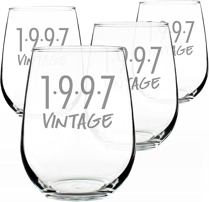 Bevvee Vintage 1997 Stemless Wine Glass - 29th Birthday Gifts for Women & Men Turning 29 - Bday Party Decor - Set of 4 - Large 17 oz