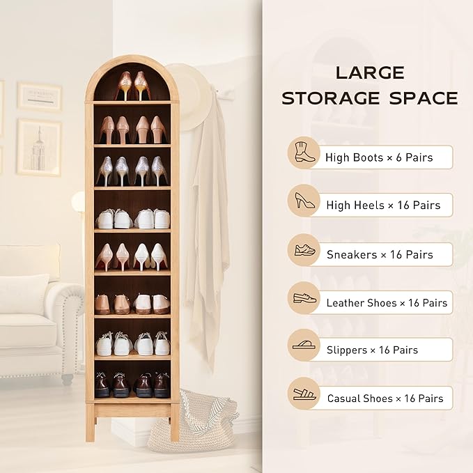 71" Tall Arched Bookshelf, 8 Tiers Arch Bookcase with Storage, Modern Farmhouse Book Shelf with Adjustable Shelves, Wood Bookshelf w/Open Display Shelves for Living Room, Office (Natural)