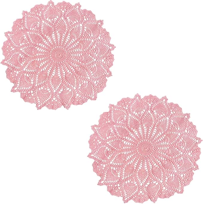 BIBITIME Lace Placemats Table Doilies Round Handmade Crochet Doily Kitchen Coffee Cup Mug Mats Dinner Place Mats (16 to 17.5 inches-2PCS, Pink)
