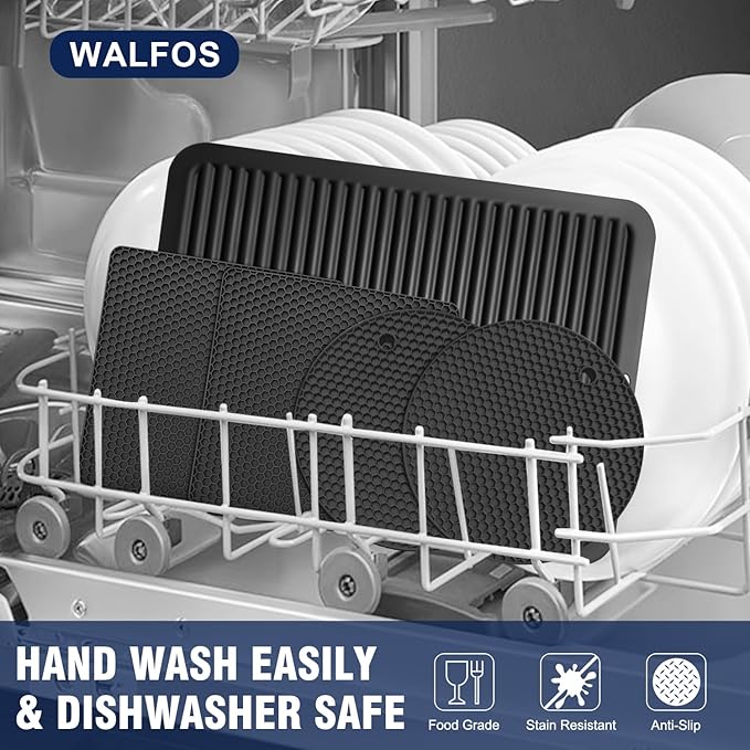 Walfos XXL Silicone Trivet 16 Inch and Round & Square Trivets 7 Inch, Trivets for Hot Pots and Pans, Heat Resistant Pot Holders Hot Pads for Kitchen Quartz Countertops, Hot Dishes, 5 Pack