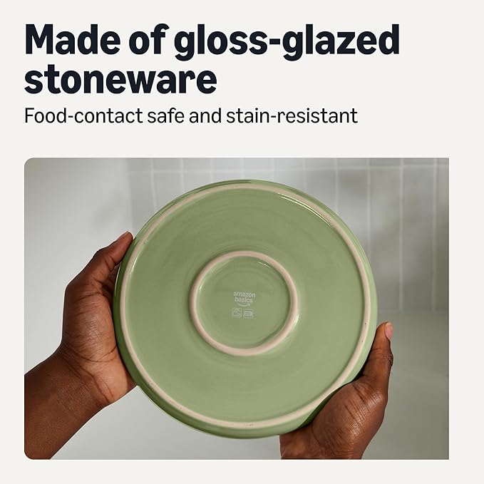 Amazon Basics Glazed Stoneware Dinnerware, Ceramic 12-Piece Set, 4 Full Place Settings, Dishwasher-Safe, Olive
