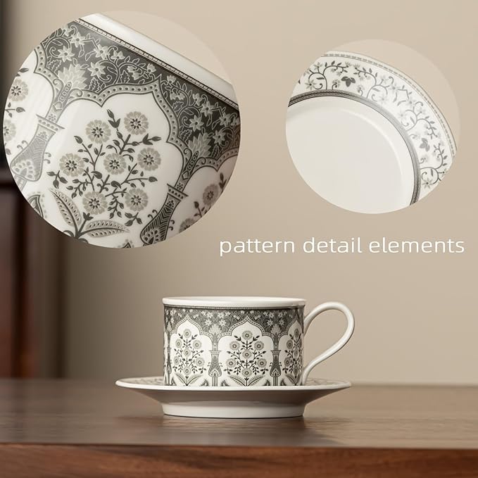 Ceramic Coffee Mug with Saucer 8 OZ Turkish Iznik Gray Daisy Flower Porcelain Coffee Cup Set for Home Office Women Men Gifts CM05