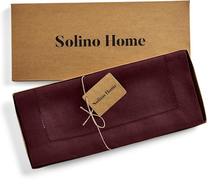 Solino Home Linen Burgundy Table Runner 108 Inches Long - 100% Pure Linen 14 x 108 Inch Table Runner for Valentines, Winter - Classic Hemstitch