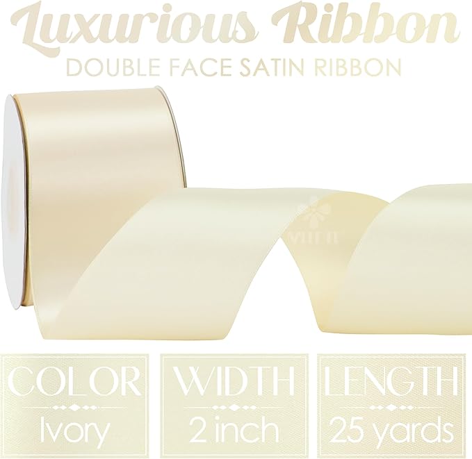 MEEDEE 2 Inch Ivory Satin Ribbon Lux Double Faced Ribbon by 25 Yards Ivory Silk Ribbons Beige Satin Ribbons for Gift Wrapping, Weddings, Flower Bouquet, Holiday Decorating