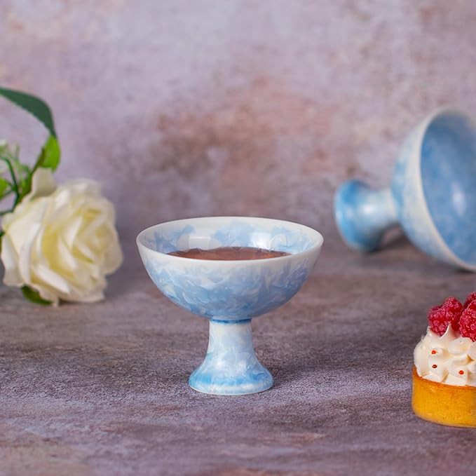 KAMMAK Ceramic Tea & Coffee Cups Set of 2 - Vintage Crystalline Glaze Espresso Mugs, 2.2oz Hand Painted for Afternoon Tea or Coffee, Birthday Gift for Women Men, High-Footed Cup