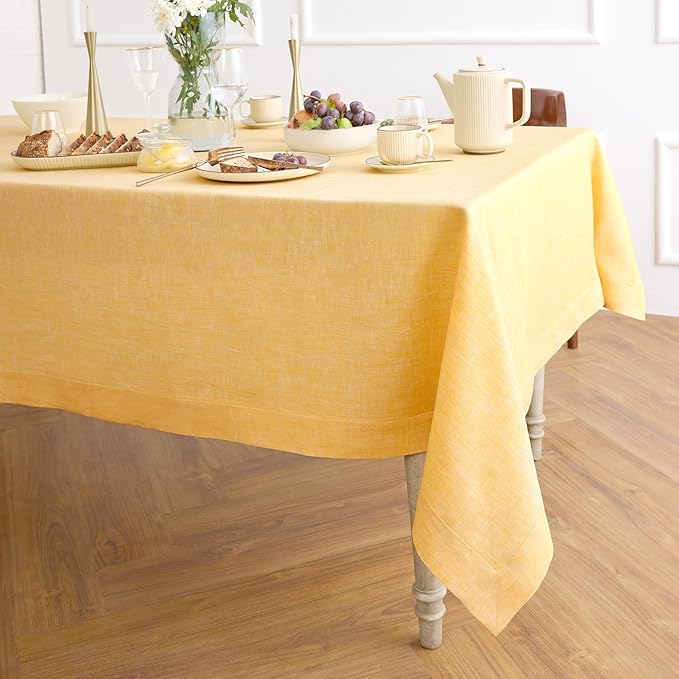 Solino Home Linen Tablecloth 60 x 120 Inch - 100% Pure Linen Chambray Mustard Yellow Table Cloth for Rectangular Tables - Athena, Machine Washable Cloth Tablecloth for Spring, Easter