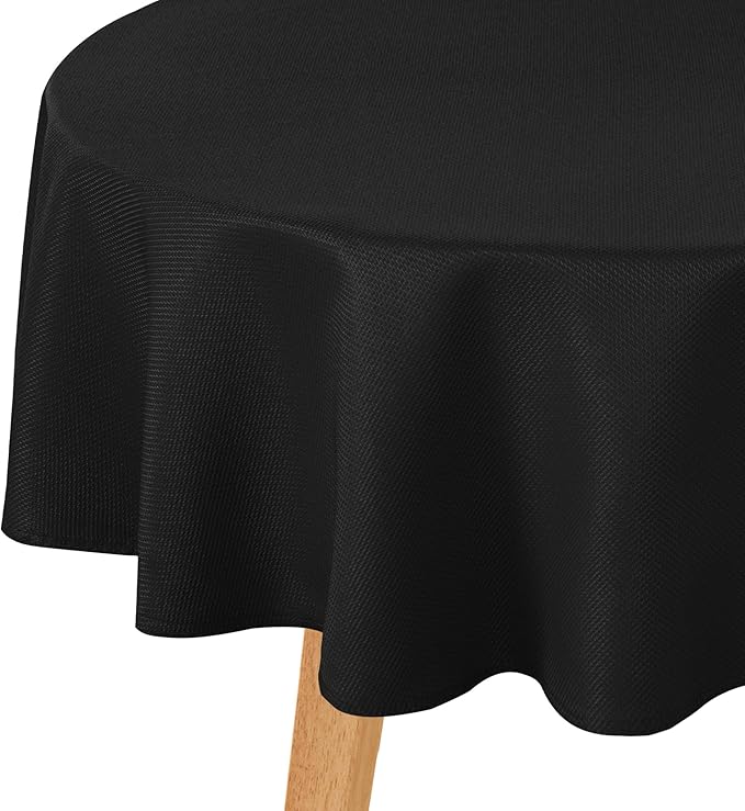 Hiasan Round Textured Tablecloth 60 Inch - Waterproof Spillproof Antiwrinkle Jacquard Table Cloth, Decorative Polyester Table Cover for Kitchen, Outdoor Picnic, Holiday and Parties, Black