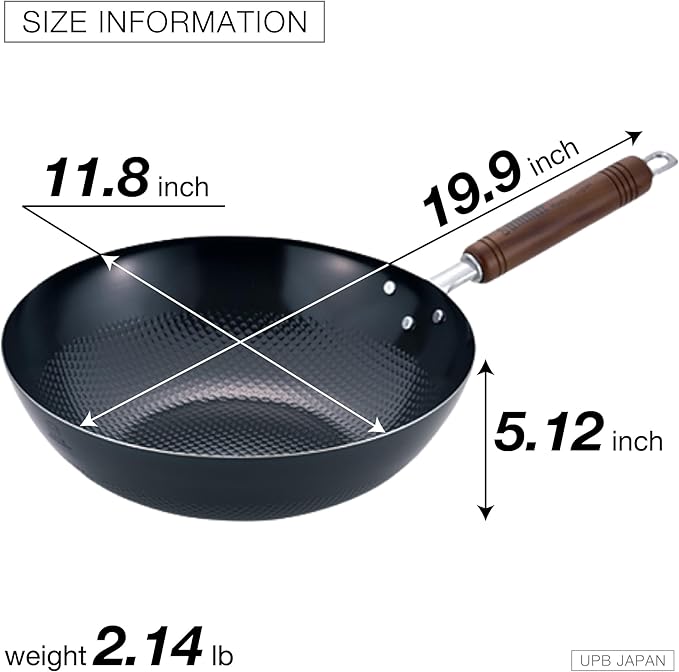 Wok pan Induction NonStick Cooker 11.8inch - Iron Embossed Surface Wood Handle Made in Japan
