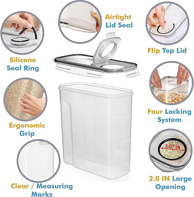 Shazo 2 Pack (15.4 Oz Cereal Capacity) Small Airtight Cereal Containers Storage with Lids, Perfect Space Saving BPA-Free Plastic Container, Pantry Organization and Canister for Rice, Sugar & Flour