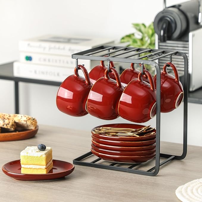 vicrays Ceramic Espresso Coffee Cups Set 4 oz Porcelain Espresso Cups with Saucers Spoons and Metal Stand for Tea Cafe Cappuccino Latte - Set of 6 - Cherry Red