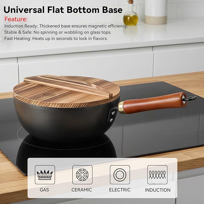 WANGYUANJI Carbon Steel Wok with Lid, 8.7" Small Mini Wok Pan, Thickened Heavy Duty Flat Bottom for Deep Frying, Camping & Solo Meals, Induction Ready, Seasoning Required