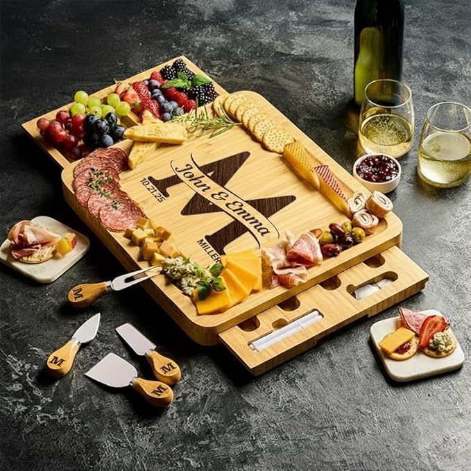 Personalized Charcuterie Boards Gift Set - Custom Engraved Bamboo Cheese Board with Drawer & Knife Set for Wedding, Anniversary & Housewarming Gift for Couples
