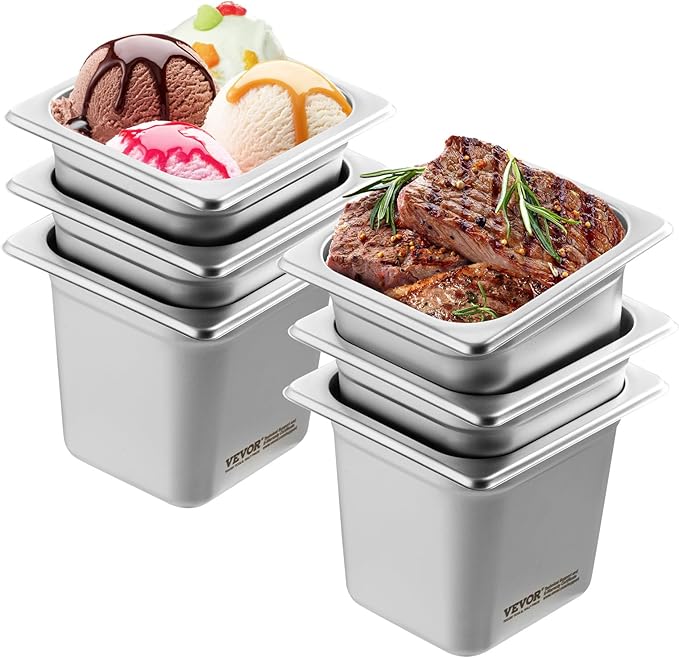 VEVOR 6 Pack Stainless Steel Hotel Pans - 1/6 Size 6-Inch Deep 0.8mm Thick Anti-Jam Commercial Food Pans for Steam Tables, Restaurants, Catering & Industrial Use