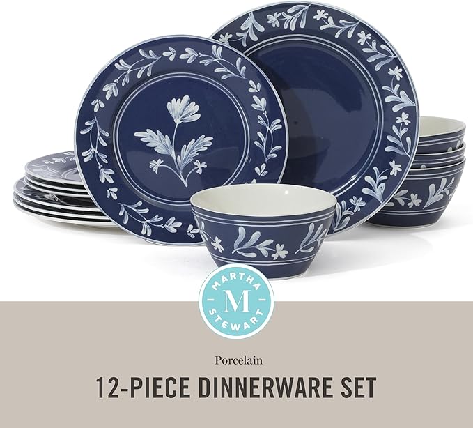 Martha Stewart Maiden Crown 12-Piece Sky Blue Dinnerware Set – New Bone China Ceramic Plates & Bowls – Floral Design – Service for 4 – Microwave & Dishwasher Safe