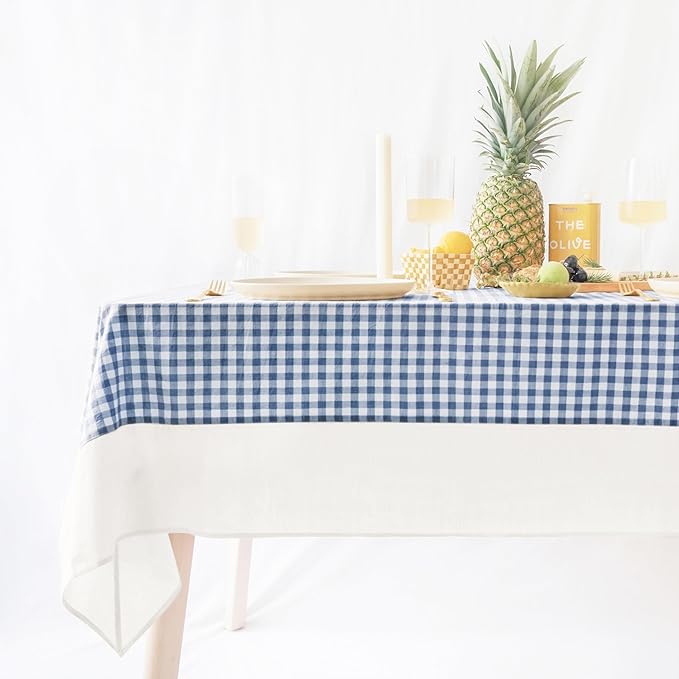 MONDAY MOOSE Gingham Checkered Farmhouse Rustic Picnic Style Decoration Rectangle Natural Stonewashed Cotton Tablecloth for Kitchen, Dining Room, Restaurant (55x70 inch, Blue/White)