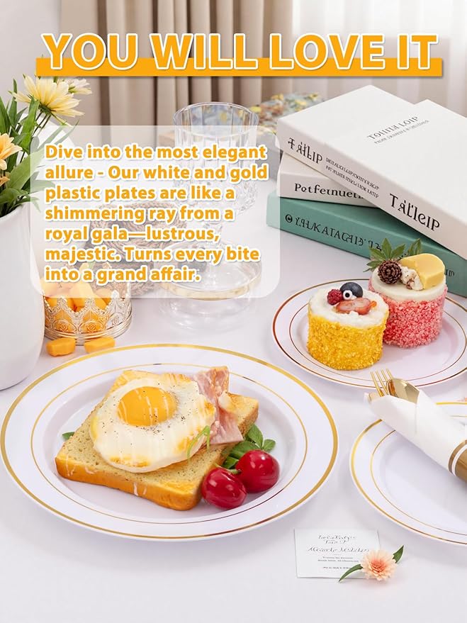 175PCS White and Gold Plastic Plates - Christmas Plates with Rolled Napkins for Party - 25Guest Disposable Dinnerware Sets for Party/Wedding/Valentine's Day