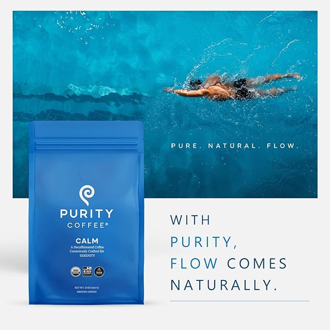 Purity Coffee CALM Decaf Medium Roast Ground (12oz Bag) | Specialty-Grade USDA Organic Mountain Water Process Decaffeinated Blend | Third Party Tested for Mold, Mycotoxins & Pesticides