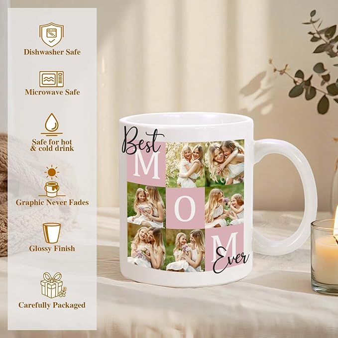 Custom Christmas Coffee Mug Gifts for Mom,11oz Personalized Ceramic Mama Cup with Photo Text & Birth Flower, Customized Birthday Gift for New Moms (Mom-6 Photos)