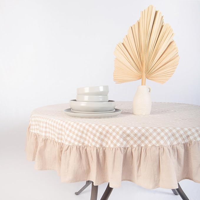 MONDAY MOOSE Gingham Checkered Farmhouse Rustic Ruffle Style Decoration Round Natural Stonewashed Cotton Tablecloth for Kitchen, Dining Room, Restaurant (60" Round, Beige)