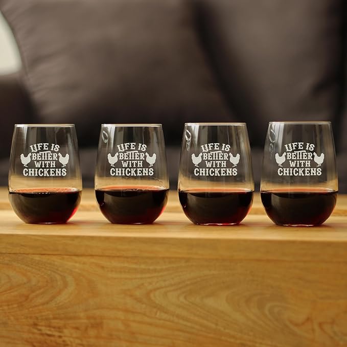 Life is Better with Chickens - Stemless Wine Glass - Unique Chicken Gifts and Decor - Set of 4 - Large 17 Ounce