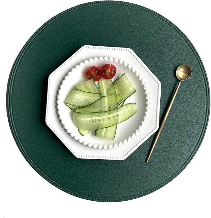 Set of 4/6/10 Black Round PU Leather Placemats Non-Slip Place Mats Coaster Coffee Mats Kitchen Accessories Set De Table(Y Circle Green,R 38CM 1pcs)