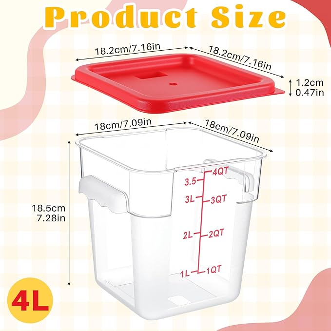 1 Pcs 4 Qt Square Food Storage Container with Lid, Clear Plastic Container with Lid and Scale in Green, Kitchen Organization Set for Home Kitchen, Restaurant Meal Prep (Red)