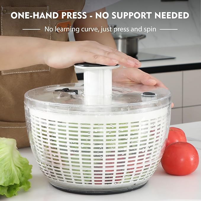 Ourokhome Salad Spinner Lettuce Dryer, One-handed Easy Press Large Vegetable Dryer Salad Mixer with Comfortable and Retractable Pusher and Brake Button for Greens, Herb, Berry, Fruits, 6.3 QT, Black